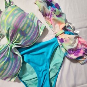 Vintage Victoria's Secret Aqua Tie-Dye 3pc Bikini Set - 36D/LG Tops MED Bottom